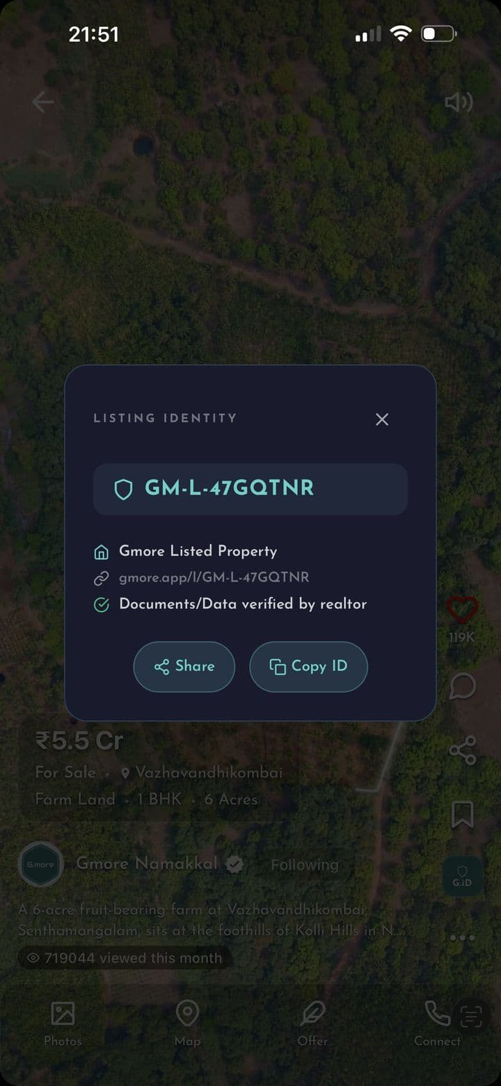 Screen from the Gmore app: A permanent ID for every project