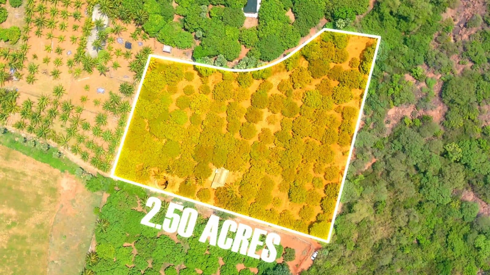 A farm boundary marked on aerial video near Kolli Hills, filmed by Gmore