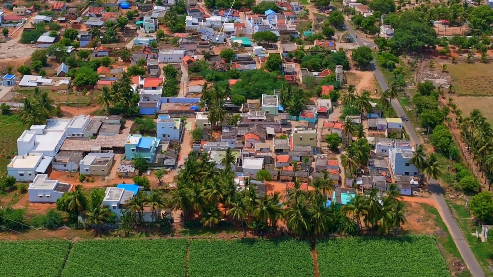 A village and farm land in Namakkal district from the air, filmed by Gmore