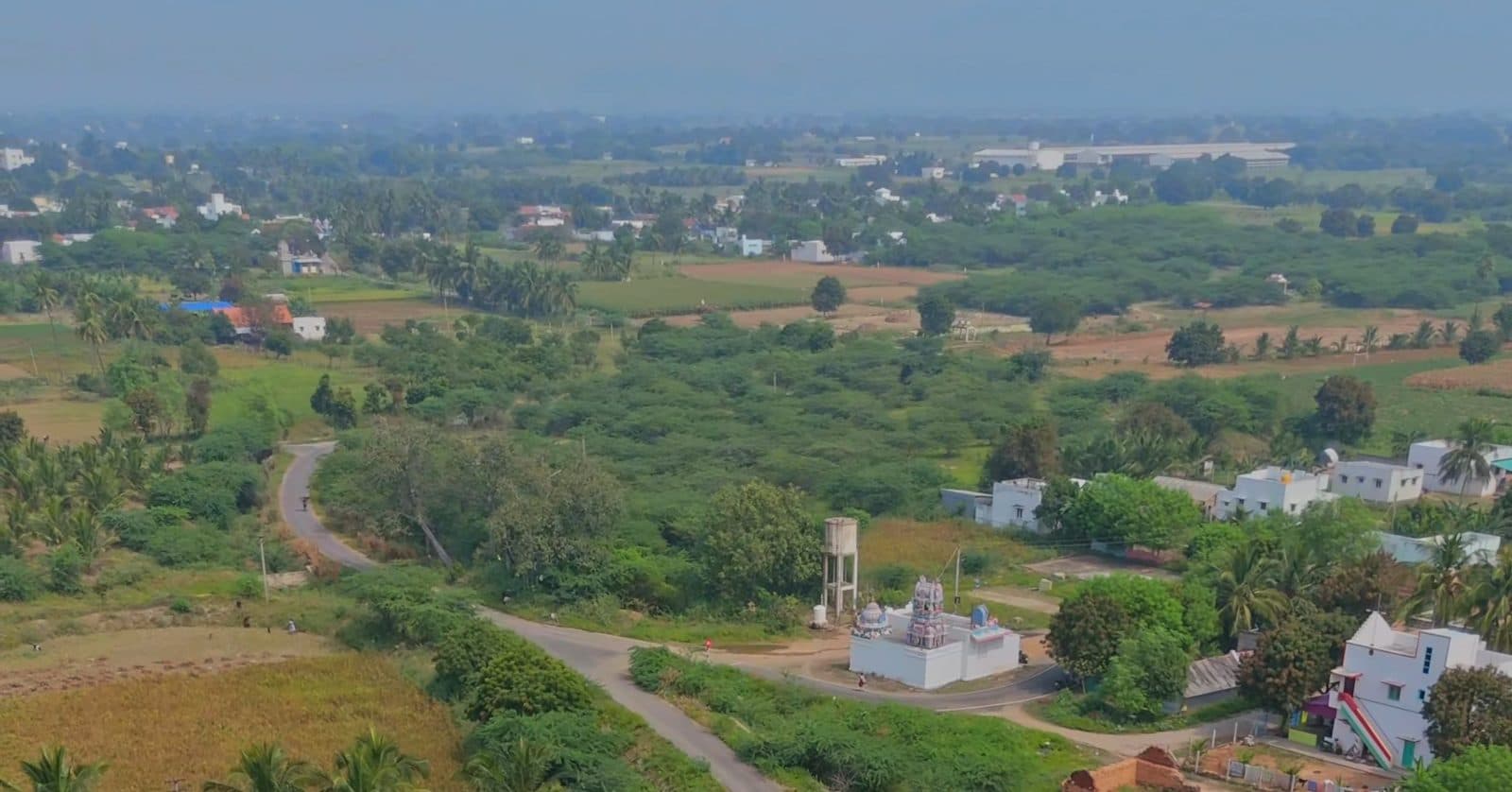 Farm land and coconut groves around a village temple in Tamil Nadu, filmed by Gmore